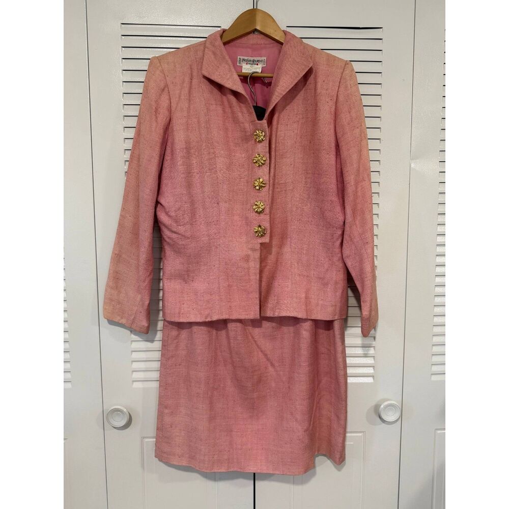 Vintage Yves Saint Laurent Rive Gauche Pink Silk Skirt Suit FR 46 Made France
